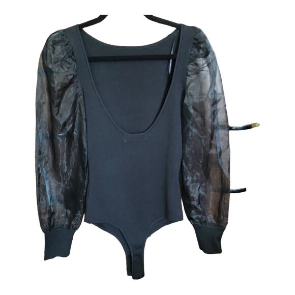 Astr The Label NWT SemiSheer Organza Sleeve Black Chic Bodysuit Large - Picture 2 of 10